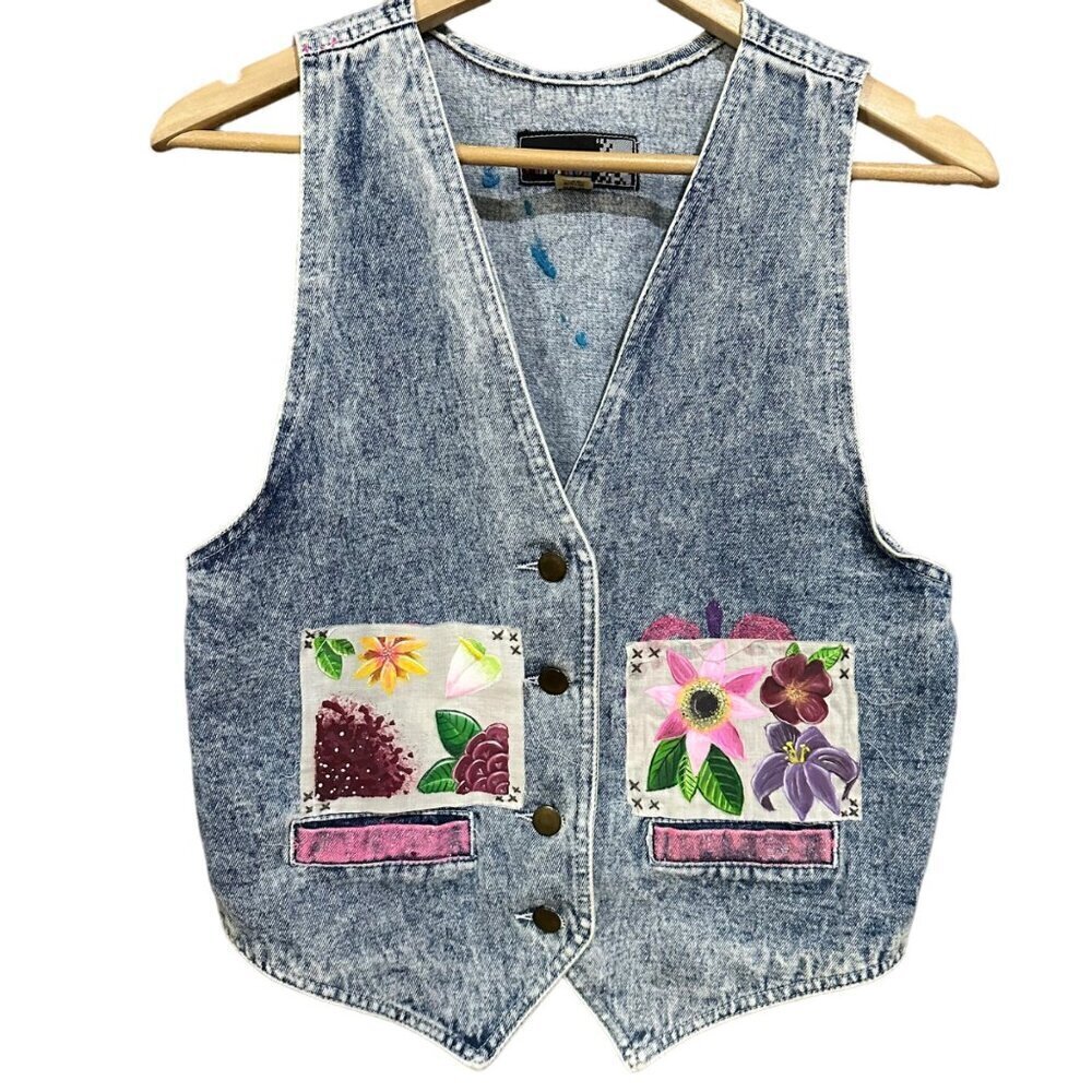 Y2K Pinot Noir Denim Vest Floral Painted Art to Wear‎ Tie Back Artsy Size Medium